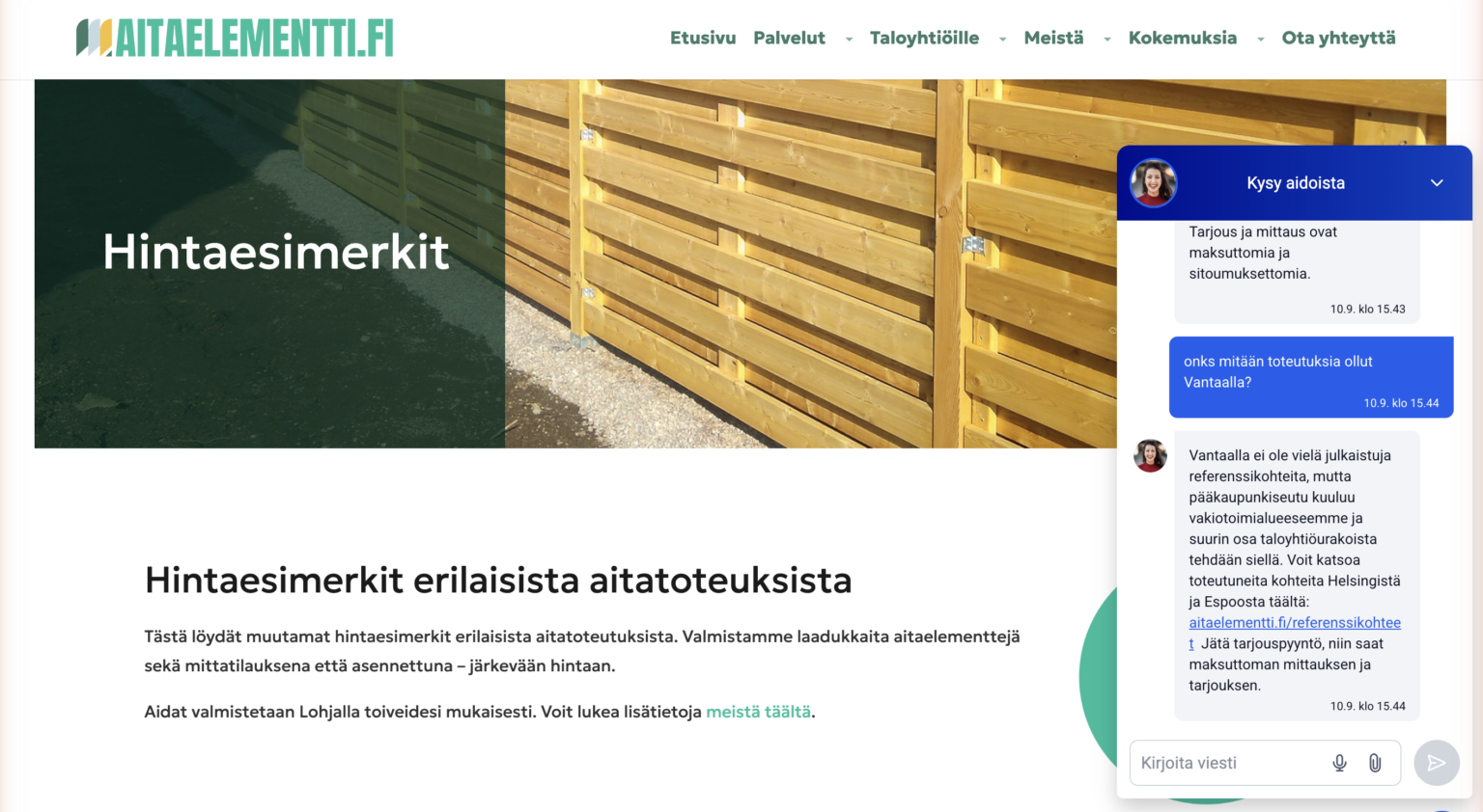 Aitaelementti.fi:n sivustolla Respondon chat vastaa kävijän kysymykseen referenssikohteista ja ohjaa tarjouspyyntöön.
